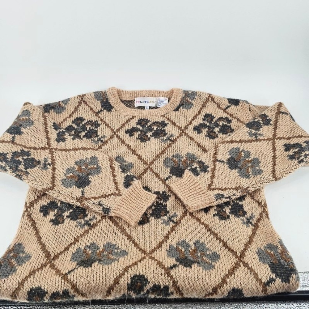 Together Sweater Women S Tan Vintage Floral Argyle Knit Crewneck